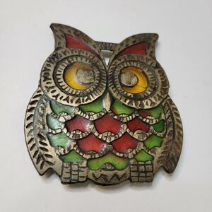 Vintage Trivet Metal Mosaic Glass Owl Wall Hanging Decorative Taiwan Collectible